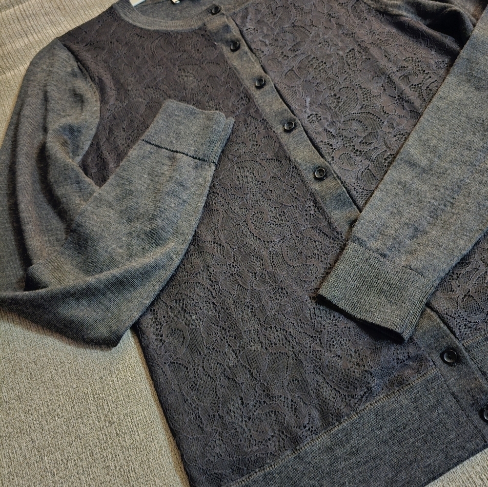 Loft Gray Black Lace Wool Blend Button Casual Career Sweater Size Medium - Picture 3 of 7